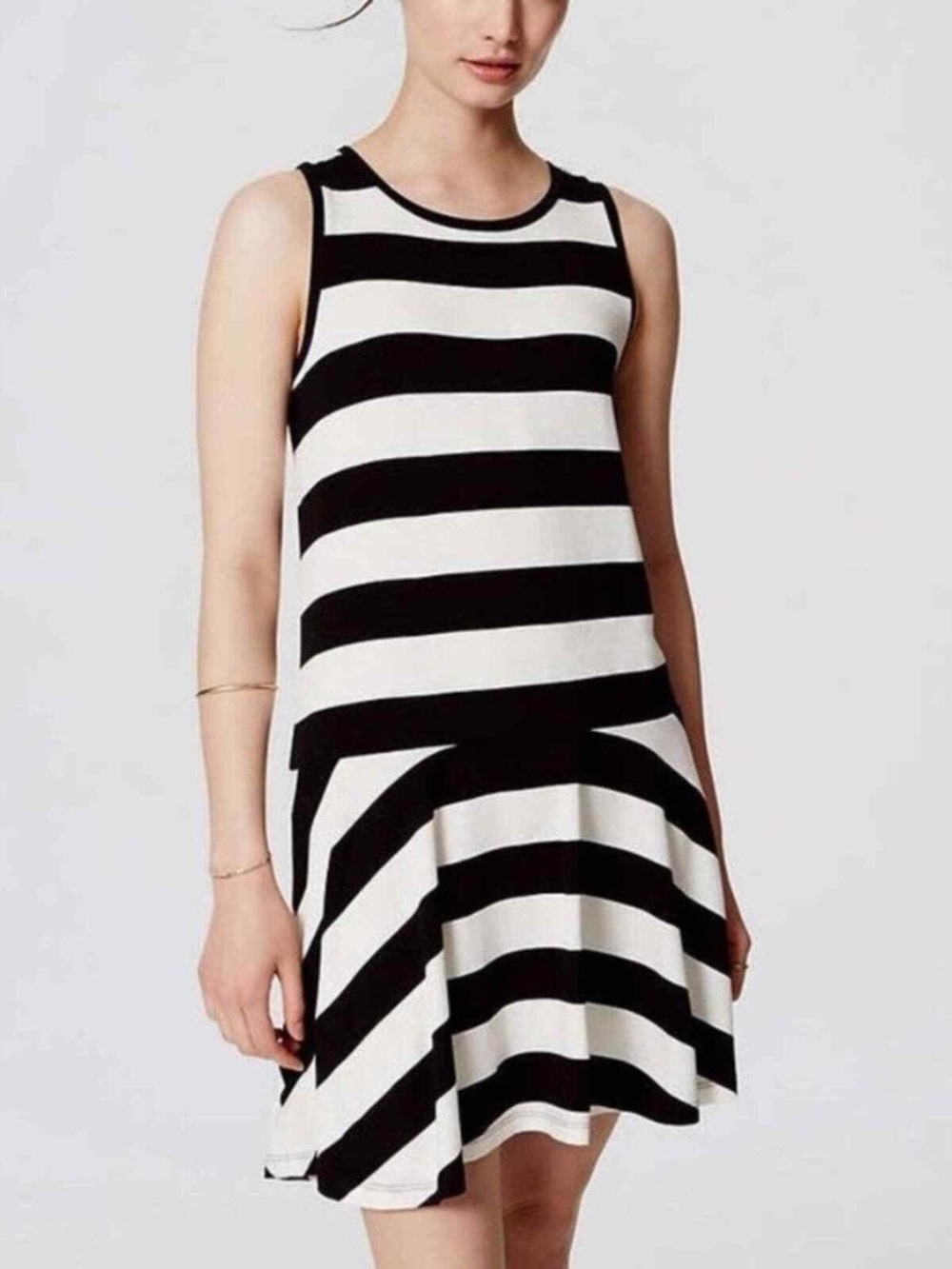 LOFT Black and White Striped Sleeveless Flared Dress